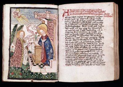 Zwiastowanie, ilustracja z „Księgi godzin” (welum) autorstwa Unbekannt