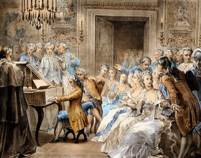 Austriacki kompozytor Wolfgang Amadeusz Mozart (1756-1791) w wieku 14 lat odtwarza z pamięci "Miserere" Gregorio Allegriego. autorstwa Unbekannter Künstler