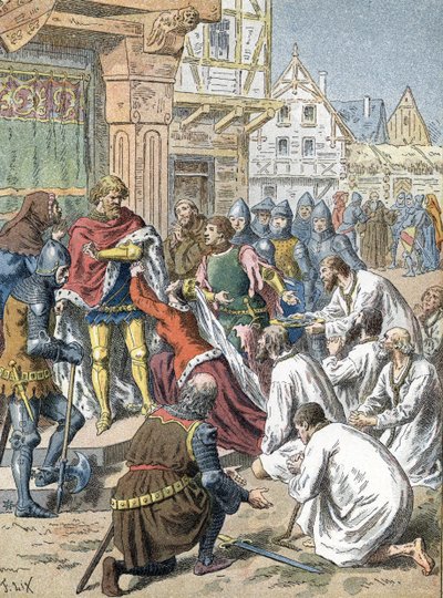 Bourgeois z Calais, na czele z Eustache de Saint-Pierre, ofiarowują się jako zakładnicy Edwardowi III autorstwa Unbekannter Künstler