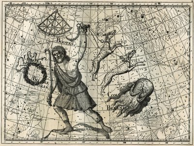 Altana, korona borealna, psy myśliwskie, sierść Berenice. Grawer z „Gwiazdy i inne osobliwości nieba” Camille Flammarion autorstwa Unbekannt