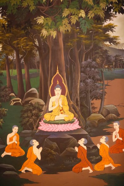 Budda wygłosił swoje pierwsze kazanie do pięciu mnichów, fresk ścienny, świątynia Wat Botum, Phnom Penh, 2022 (zdjęcie) autorstwa Unbekannter Künstler