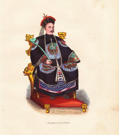 Cesarz Chin w haftowanych szatach i kapeluszu z pawim piórem siedzący na tronie. Ręcznie kolorowany drzeworyt Merciera na podstawie ilustracji Pannemakera z "Mores, Uses et Costumes de tous les Peuples du Monde" Auguste