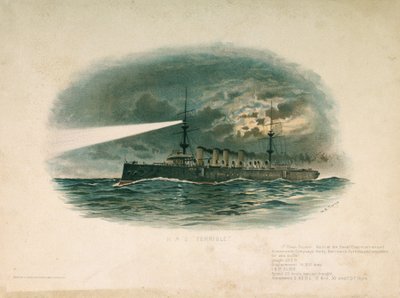HMS "Terrible", krążownik pierwszej klasy, zbudowany przez Barrow in Furness Shipbuilding and Arms Company w 1897 roku. Chromolitografia z końca XIX wieku, autorstwa W.S. Tomkina (). autorstwa Unbekannter Künstler
