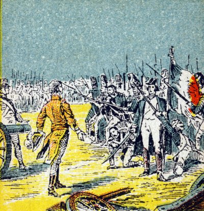 Sto dni: Klęska Napoleona I Bonaparte pod Waterloo w 1815 r. Grawer w „Histoire de France”. Seria obrazów reklamowych wydana na zlecenie Louit, 24 rue d