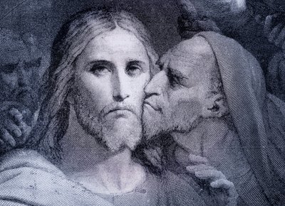 Pocałunek – Judasz Iskariota całuje Jezusa Chrystusa w Ogrodzie Getsemani, z „El Mundo Ilustrado”, wydanego w Barcelonie, ok. 1880 r. autorstwa Unbekannt