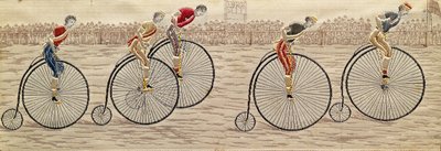 The Last Lap, Penny Farthing Race tkany jedwab Stevengraph, autorstwa Thomasa Stevensa z Coventry autorstwa Unbekannter Künstler