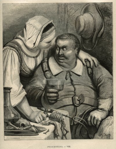 Mały Pouket: wilkołak i jego żona po skończonym posiłku. Grawer Gustave Dore (1832-1883) z „”Les contes”” Charlesa Perraulta (1628-1703) autorstwa Unbekannt