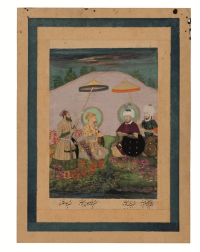 Cesarz Mogołów Shah Jahan ze swoim przodkiem Timurem (gwasz ze złotem na papierze) autorstwa Unbekannter Künstler