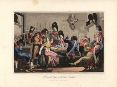 Gwardia Narodowa w Gwardii, pijąca z cantinierem, handlująca alkoholem i grająca w karty, paląca fajkę, niektórzy śpią - Eau forte według ilustracji Victora Auvera, z Un tour through Paris, opublikowanej przez Williama Samsa. autorstwa Unbekannter Künstler