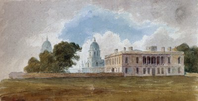 Dom Królowej i szpital w Greenwich (Anglia) z kopułami budynków Queen Mary Court i King William Court. Obraz przypisywany Davidowi Coxowi (1783-1859), akwarela około 1804 roku. autorstwa Unbekannter Künstler