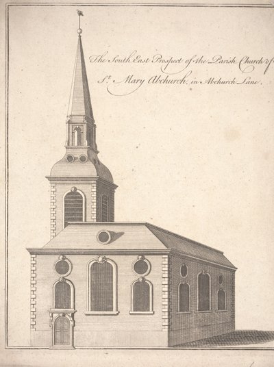 Południowo-wschodnia perspektywa kościoła parafialnego Najświętszej Marii Panny Abchurch, przy Abchurch Lane, ok. 1740 r. (rycina) autorstwa Unbekannter Künstler