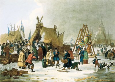 Tamiza zamarzła podczas zimy 1813-1814, przed zburzeniem starego London Bridge w 1831 r., Tamiza zamarzała podczas bardzo mroźnych zim, a londyńczycy korzystali z okazji, aby urządzić place zabaw dla dzieci, improwizowane lodowiska i ustawić dziesięć autorstwa Unbekannter Künstler