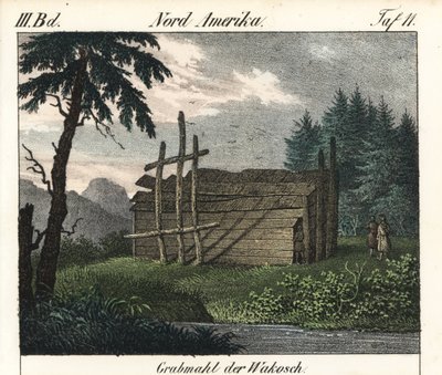 Drewniany grobowiec Indian Wakashan (Kanada). Litografia do książki: "Galerie complete en tableaux fideles des peuples d
