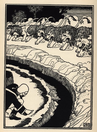 Baron broni się przed atakiem lwów podpalając proch strzelniczy. Ilustracja Williama Stranga (1859-1921) i JB Clarka z „Przygód barona z Munchausen (Munchhausen)” Rudolfa Ericha Raspe (1736-1794) (1789) autorstwa Unbekannt