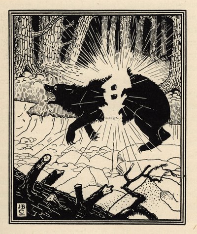 Baron rozsadza czarnego niedźwiedzia za pomocą dwóch krzemieni. Ilustracja Williama Stranga (1859-1921) i JB Clarka z „Przygód barona z Munchausen (Munchhausen)” Rudolfa Ericha Raspe (1736-1794) (1789) autorstwa Unbekannt