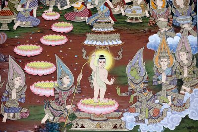 Narodziny niemowlęcia Siddharthy, fresk ścienny, klasztor Wat Maniratanaram, Phnom Penh, 2022 (zdjęcie) autorstwa Unbekannter Künstler