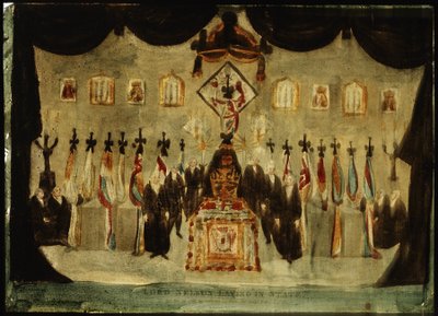 Ciało Horatio Nelsona (1758-1805) spoczywające w malowanej sali dawnego Królewskiego Kolegium Marynarki Wojennej w Greenwich podczas pogrzebu trzeciego dnia, czarna płachta przykrywająca trumnę zostaje zdjęta, a ubrani na czarno strażnicy stoją po obu stro autorstwa Unbekannter Künstler
