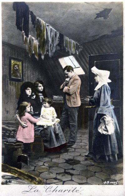 Organizacja charytatywna: zakonnica odwiedzająca ubogich, ok. 1910 r. (pocztówka) autorstwa Unbekannter Künstler