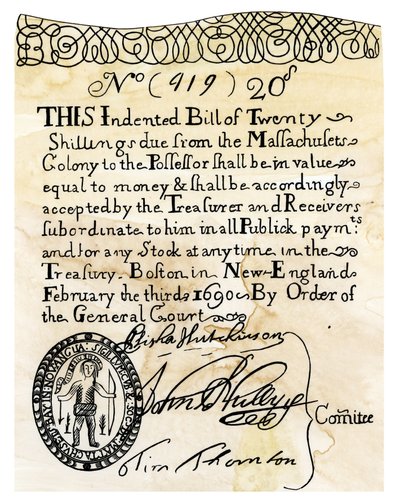 Pierwszy amerykański papier (banknot) o wartości 20 szylingów, wyemitowany przez Sąd Kolonii Bostońskiej (Massachusett, USA) w 1690 roku. Kolorystyka ryciny z XIX wieku. autorstwa Unbekannter Künstler
