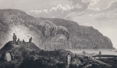 Mieszkańcy Oonalashka (lub Unalaska, Alaska, Stany Zjednoczone) i ich domy. Rycina z końca XVIII wieku, według Johna Webbera (1751-1793). autorstwa Unbekannter Künstler