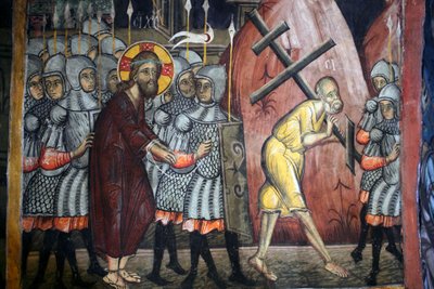 Pasja Chrystusa Szymona niesie krzyż bizantyjski fresk z klasztoru Agios Ioannis Lampadistis, św. Jan Lampadistis, Cypr z XI wieku Malowane kościoły UNESCO Troodos, Cypr autorstwa Unbekannt