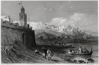 Malowniczy port ufortyfikowanego miasta Tanger w XIX wieku, w książce Louisa Enaulta (1824-1900), francuskiego dziennikarza i podróżnika, o Morzu Śródziemnym. Louis Enault, LA MEDITERRANEE SES ILES ET SES BORDS, Morizot autorstwa Unbekannt