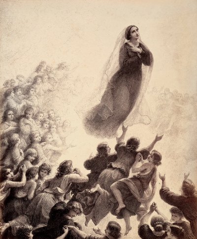 Duchy błogosławionych, z wyciągniętymi ramionami, śpiewem towarzyszą Maryi w drodze do Empyrean. Ilustracja do Canto XXIII w Paradiso z Boskiej komedii Dantego Alighieri. Dzieło Francesco Scaramuzzy dedykowane władzom miejskim Florencji autorstwa Unbekannter Künstler