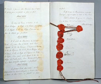 Traktat ustanawiający Belgię suwerennym państwem, podpisany 15 listopada 1831 na konferencji londyńskiej (pióro i atrament i wosk na papierze) autorstwa Unbekannt