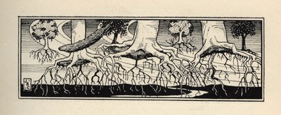 Drzewa deracines przez burzę przesadzają swoje korzenie dokładnie w miejsce, w którym się znajdowały. Ilustracja Williama Stranga (1859-1921) i JB Clarka z „Przygód barona z Munchausen (Munchhausen)” Rudolfa Ericha Raspe (1736-1794) (1789) autorstwa Unbekannt