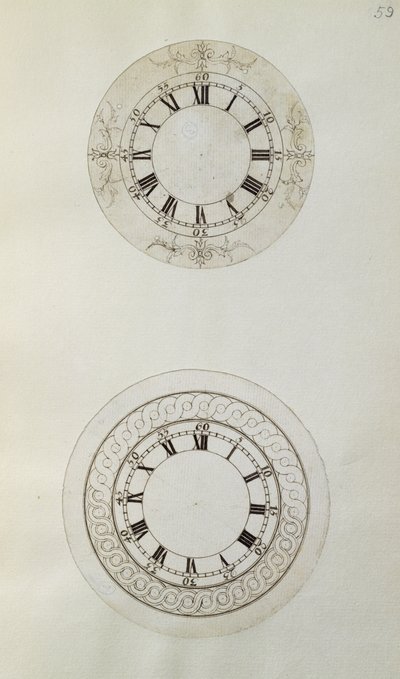 Dwa projekty dużych emaliowanych tarcz zegarków, z mechanicznych notatek i rysunków opracowanych przez Johna Harrisona (1693-1776) i jego syna Williama (ok. 1726-72) (pióro i atrament na papierze) autorstwa Unbekannt