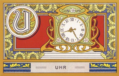 U: Zegar - Alphabet Palmine. Seria chromolitografii pod redakcją H. Schlinck & Cie, Hamburg, s. D. . Reklama najlepszego tłuszczu kokosowego firmy Palmin