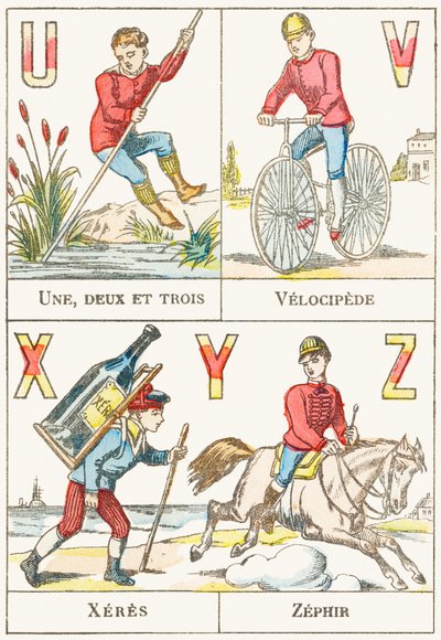 U V X Y Z; U: Jeden, dwa i trzy; V: Welocyped; X: sherry; Z: Zephyr - Gry Alfabet, c.1890 (grawerowanie) autorstwa Unbekannt