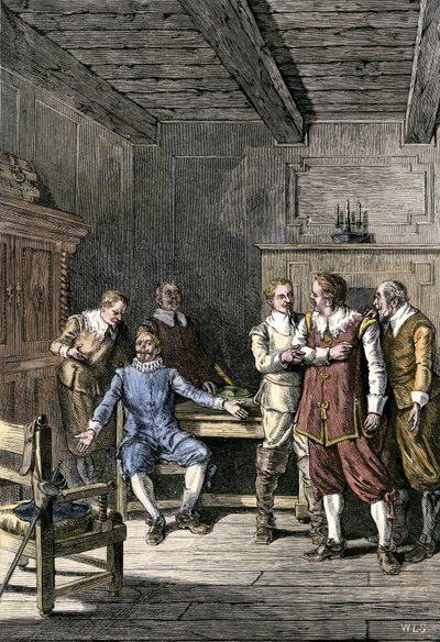 Stany Zjednoczone, Massachusetts: Spór między Johnem Winthropem (1588-1649) i Thomasem Dudleyem (1576-1653) w kolonii Massachusetts Bay. Kolorowa rycina z XIX wieku. autorstwa Unbekannter Künstler