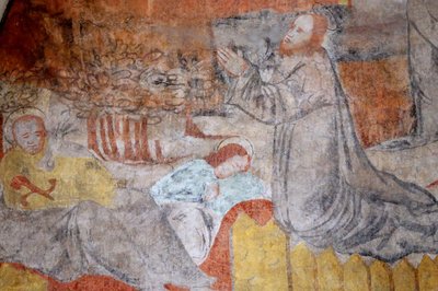 Krypta de Lugny. Malowidło ścienne z XVI wieku. Chrystus w swojej męce. Getsemane, Jezus modli się, tymczasem uczniowie odpoczywają. Francja autorstwa Unbekannt