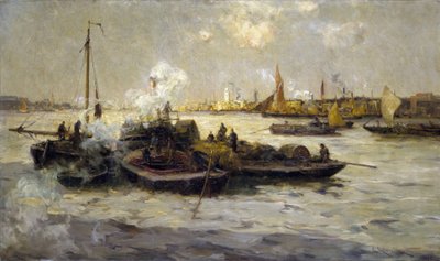 Widok na Limehouse w Anglii z opisem industrializacji Tamizy pod koniec epoki wiktoriańskiej (koniec XIX wieku) oraz holowników, kutrów i barek, w tle Biała Wieża św. Jerzego autorstwa Unbekannter Künstler