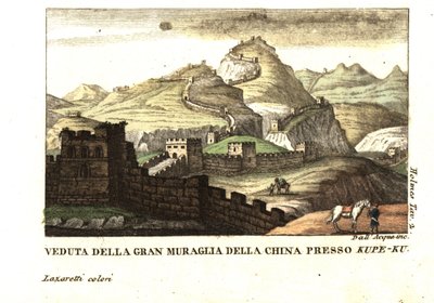 Widok na Wielki Mur Chiński w pobliżu Kou-Pee-Keow, na przełęczy między Chinami a Tatarami Wschodnimi. Z książki Samuela Holmesa (XVIII-XIX wiek) Journal of a Voyage to China and Tartary. Miedzioryt autorstwa dell