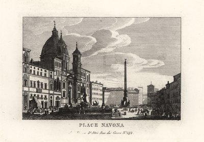 Widok na Piazza Navona, z fontanną, egipskim obeliskiem i kościołem Sant