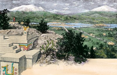 Widok miasta Tenochtitlan (lub Mexico Tenochtitlan), tak jak wyglądało na wyspie położonej na jeziorze Texoco, kiedy było stolicą imperium Azteków, przed 1521 r. - kolorowana rycina autorstwa Unbekannter Künstler
