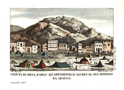 Widok na wioskę Mina na pustyni Arafat (Miasto Namiotów, Mekka, Arabia Saudyjska). Ilustracja autorstwa Ali Bey el Abbassi z jego Podróży po Maroku, Trypolisie, Cyprze, Egipcie, Arabii, Syrii i Turcji, Londyn 1816. Miedzioryt wykonany ręcznie przez dell