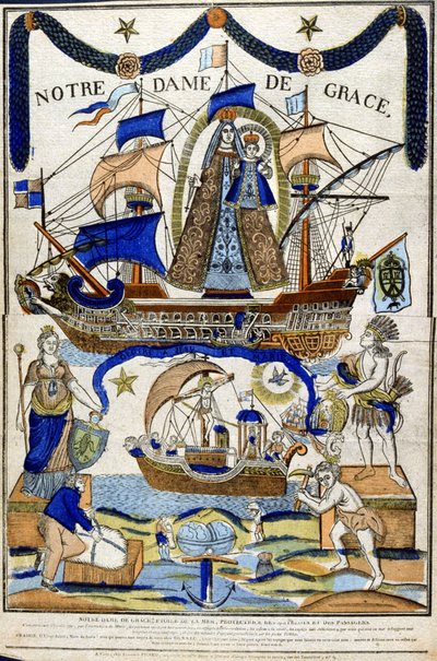Dziewica Maryja jako Madonna w Chwale (Notre Dame de Grace) jako opiekunka żeglarzy i podróżników Ducha Świętego leci nad statkiem w dolnej połowie. XIX w. (drzeworyt francuski) autorstwa Unbekannter Künstler