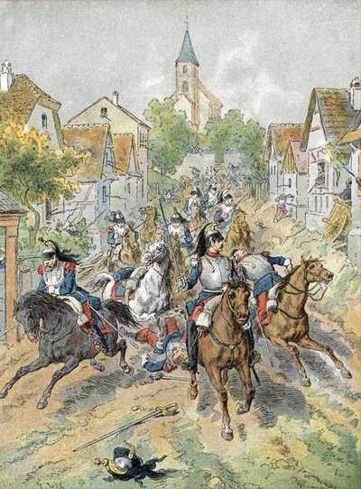 Wojna 1870: szarża kirasjerów podczas bitwy pod Froeschwiller-Woerth (1870) autorstwa Unbekannter Künstler