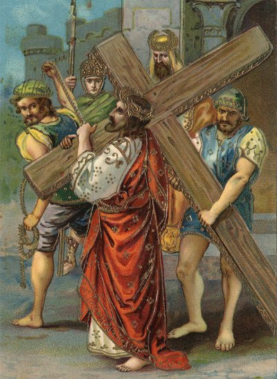 Droga Krzyżowa - via crucis - Droga Krzyżowa: stacja druga, Jezus niesie krzyż Chromolitografia Zbiory prywatne autorstwa William M. Timlin