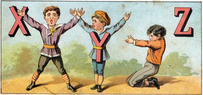 Litery X Y i Z imitowane przez pozycję ciała. Grawer w „Alphabet des petits ecoliers”. Obraz Epinal, ok. 1885. Kolekcja Privee autorstwa Unbekannt