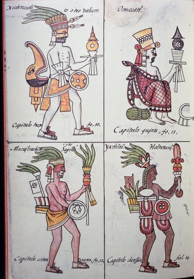 Xiuhtecuhtli, Omacatl, Macuilxochitl, Ixtlilton, Strona z kodeksu florenckiego, Wersja w języku hiszpańskim i nahuatl, Ogólna historia rzeczy Nowej Hiszpanii (Historia general de las cosas de Nueva Espana), Aztec autorstwa Benjamin Baud