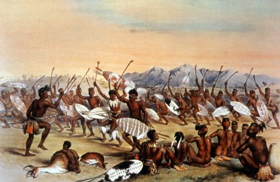 Zuluski taniec myśliwski, ok. 1848-1849 (rycina) autorstwa Unbekannter Künstler