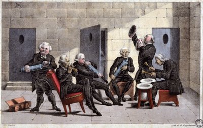 amatorzy grający courante, francuska kreskówka przeciwko lekarzom (trzymającym strzykawki i garnki komorowe jako instrumenty muzyczne) i środkom przeczyszczającym w XVIII wieku, rycina Elgelmanna, ok. 1830 r. autorstwa Unbekannter Künstler