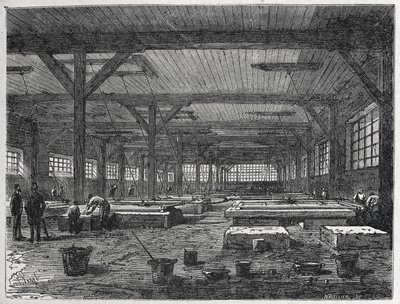 Fabryka szkła: produkcja lustra, ok. 1880 r. (rycina) autorstwa Unbekannter Künstler