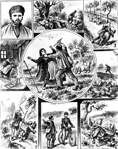Afera Vachera, we Francji pod koniec XIX wieku, jeden z pierwszych seryjnych morderców, w latach 1895-1898, rycina autorstwa Unbekannt