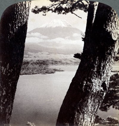Góra Fuji, widziana z północnego zachodu, przez sosny nad jeziorem Motosu, Japonia, 1904 autorstwa Underwood and Underwood