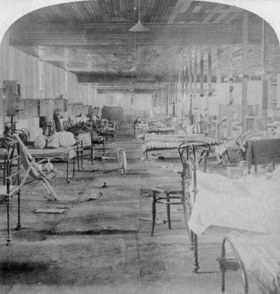 Mud Hall, ostatnie więzienie zajmowane przez brytyjskich oficerów w Pretorii w Południowej Afryce, 1901. autorstwa Underwood and Underwood